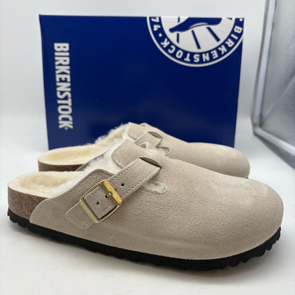 Birkenstock Boston VL Shearling Suede Leather  Antique White # 1026192